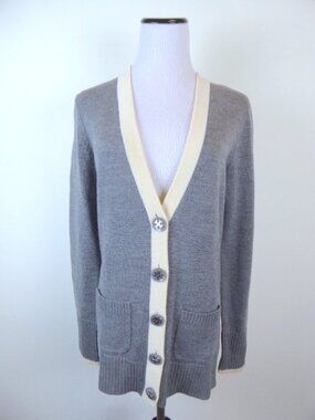 TORY BURCH Gray cream tipped merino wool contrast long CARDIGAN SWEATER Simone S